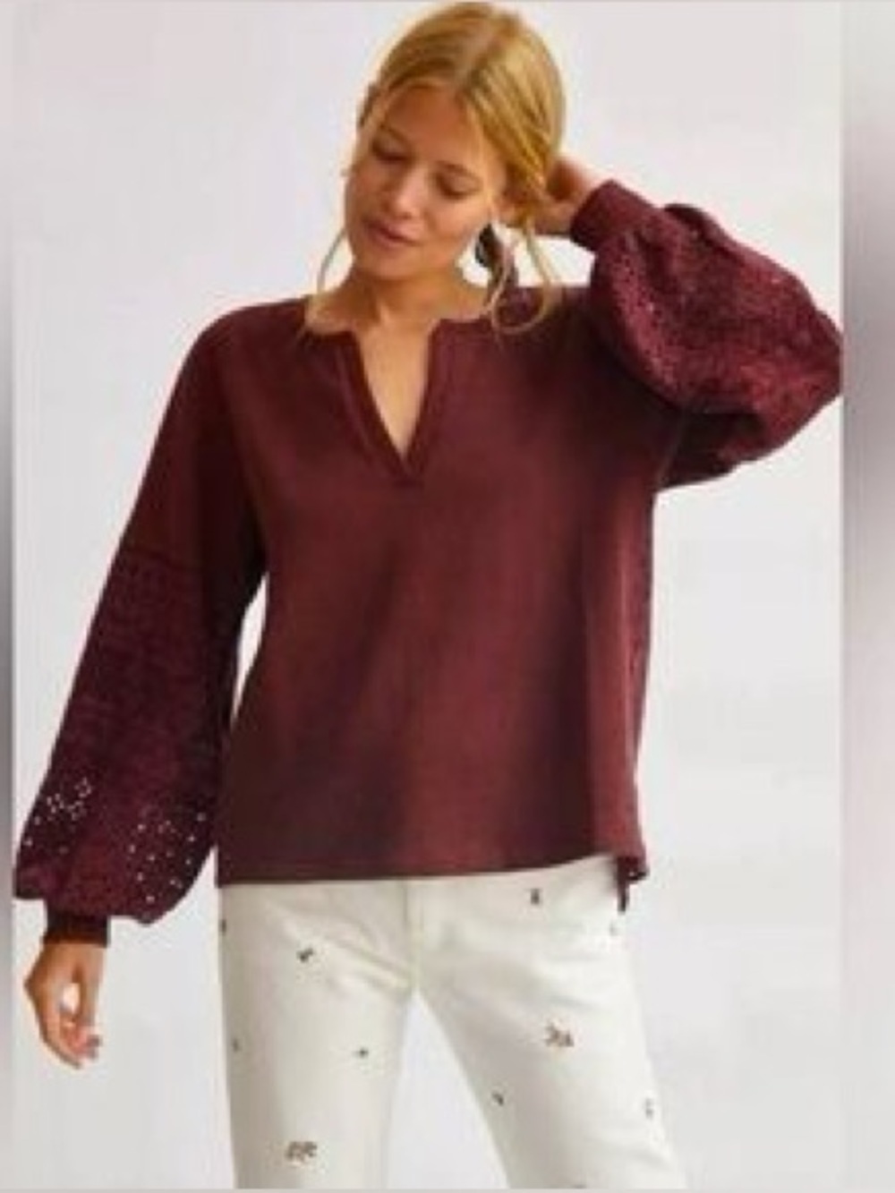 Anthropologie - Plum Eyelet Yoke V Neck Balloon Sleeve Pullover Sweatshirt SZ M